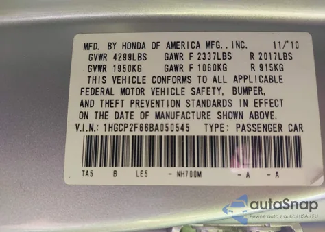2011 Honda Accord 2.4 Se from USA, damaged, VIN 1HGCP2F66BA050545